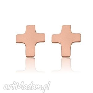 złote kolczyki krzyżyki z różowego złota sztyfty, modowe