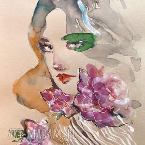 Kobieta z kwiatami, Obraz akwarelowy A4, portret w stylu