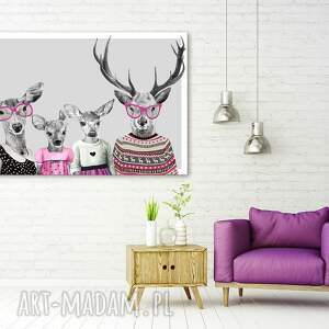 nowoczesny obraz drukowany na płótnie - 120x80 cm rodzina jeleni z córkami