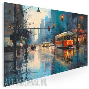 obraz na płótnie - deszczowe miasto tramwaj ulica - 120x80 cm (119101)