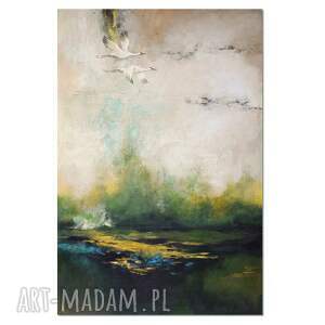 żurawie ptaki abstrakcyjny pejzaż obraz ręcznie malowany /2/, obrazy z ptakami