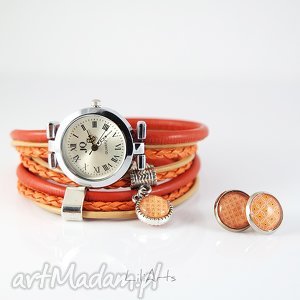 komplet - zegarek i kolczyki pomarańczowy, beżowy owijany, rzemienie
