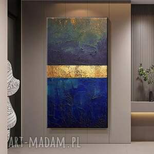 Ręcznie malowany obraz strukturalny 80x160 cm - złoto, granat i indygo - art-Madam.pl