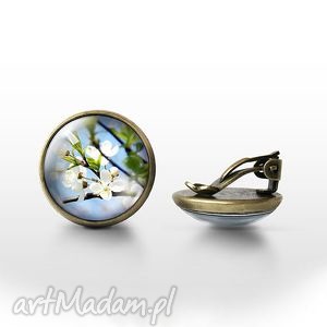 klipsy - błękitne niebo antyczny brąz, kwiaty kwitnące, prezent
