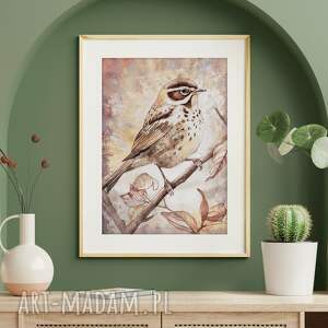 Akwarela | Ptak na gałęzi w jesiennych barwach | Impresja | 40x50cm