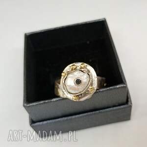 argentum vita pierścionek ze srebra i złota z perłą czarnym brylantem