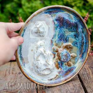 ręcznie zrobione ceramika talerz morski z żółwiem - niebiańska plaża skałka - patera