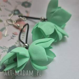 kolczyki miętowe w kwiaty duda klara leciutkie bardzo okazałe trwałe