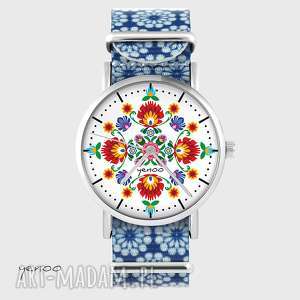 zegarki zegarek - folkowa mandala niebieski, kwiaty, nato, bransoletka