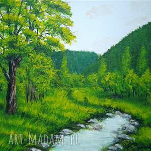 obraz ręcznie malowany akrylowy w zielonym zaciszu - 24x30cm pejzaż wiosenny las