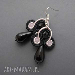 małe kolczyki sutasz z różowymi jadeitami soutache wieczorowe, czarne