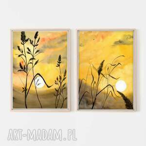 2 oryginalne akwarele, zachód, pejzaż, trawy