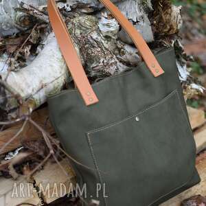 duża, skórzana torba khaki - JUTI BAGS na ramię