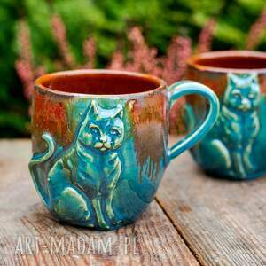 handmade ceramiczny duży kubek z kotem - rdzawy turkus 380 ml /, ceramika