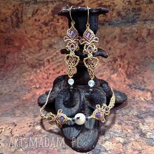 lilie złociste ametyst w makramie zestaw lekkie kolczyki i bransoletka, kamienie