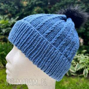 Czapka damska 100% merino kobaltowa handmade