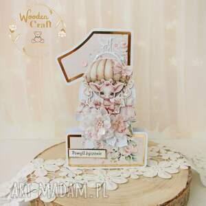 Kartka na roczek Cyferka 1 z żyrafką Rose Giraffe - gotowa do personalizacji