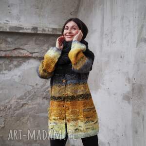 swetry kardigan żółto grafitowy, wełna, unikat dzianina sweter, prezent