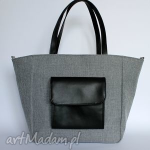 handmade na ramię shopper bag worek - tkanina szara i skóra czarna