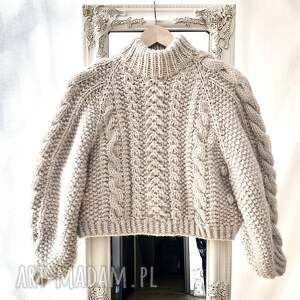 sweter handmade chunky cable natural wełna merynosów bawełna alpaka, naturalny