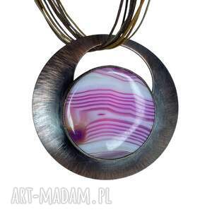 Miedziany naszyjnik z prążkowanym agatem c1250, okrągły wisiorek