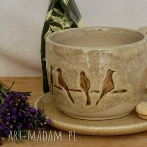 Filiżanka z ptaszkami i spodkiem - ceramika handmade