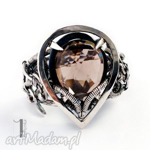 ratri - srebrny pierścień z kwarcem dymnym, 925, regulowany, wirewrapping