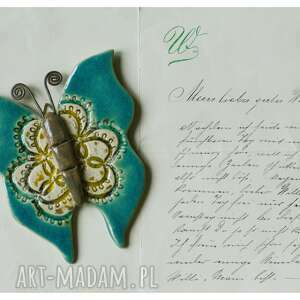 Motyl turkusowy z ceramiki - ręcznie robiona dekoracja do zawieszenia (handmade)