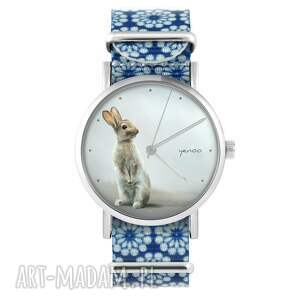 zegarki zegarek - zając niebieski, kwiaty, nylonowy pasek królik dla niej