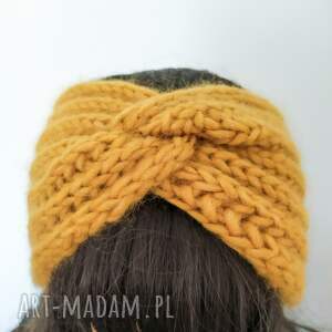 prezent na święta Musztardowa opaska twist na zimę, ręcznie robiona