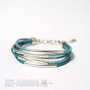 bransoletka - turkusowa rzemienie, skórzana, metalowe rurki, elegancka prezent