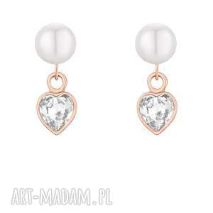 kolczyki z różowego złota perły sercami swarovski crystal, perłami