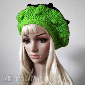 handmade czapki ozdobny, czarno-zielony beret w paseczki z bąbelkami