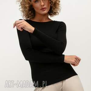 bluzka prążkowana z długim rękawem t387, czarna, bawełniany top, bawełna