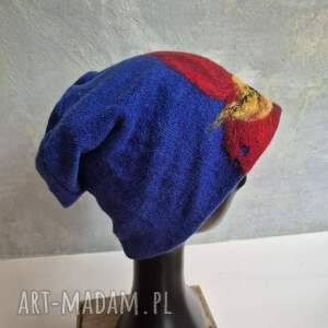 czapka wełniana filcowana zimowa niebieska ostatnia, handmade w kwiaty