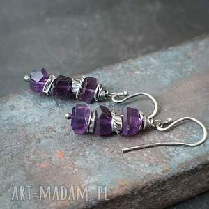kolczyki z ametystem na biglach otwartych srebro oksydowane surowa biżuteria