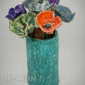 piękny wyjątkowy komplet kwiaty ceramiczne i wazon donica handmade rekodzieło