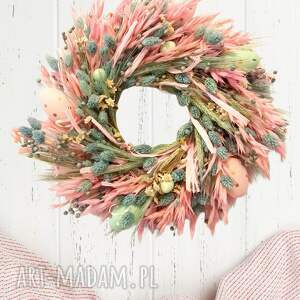 wianek pastelowy ogród - róż, mięta i błękit 45 cm drzwi, dekoracja