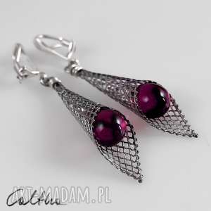 fioletowe w rożku - klipsy wiszące, krople szklane, łezki