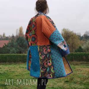 płaszcz patchworkowy w stylu boho, długi kimonowy - waciak kufajka