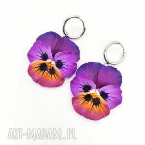 Kolczyki bratki fioletowe wiszące kwiaty z gliny polimerowej