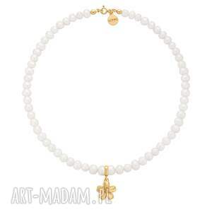 sotho złoty naszyjnik z pereł naturalnych niezapominajką, kwiatek, kwiatuszek