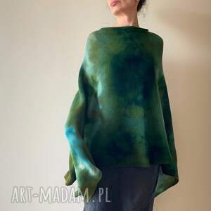 narzutka z wełny merino w zieleniach ponczo, tunika oversize prezent