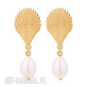 złote kolczyki z muszlami i perłami naturalnymi, perłynaturalne, długie