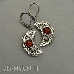 Kolczyki księżyce z czerwonym karneolem - wire wrapping