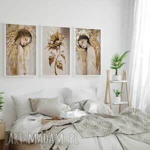 zestaw plakatów 40x50 cm anioły i słonecznik set249 tryptyk do salonu