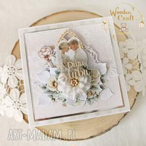 Romantyczna kartka ślubna handmade w pudełeczku - kieszonka na banknoty