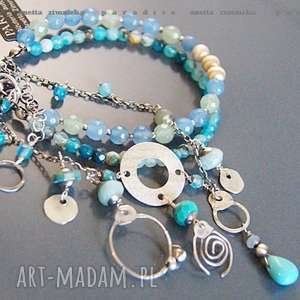 srebro, bransoleta lazurowo - morska, agaty kwarce, zawieszki