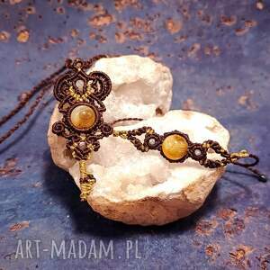 kluczyk z agatem i cytrynem w makramie komplet pleciony brązowo złoty, kamienie