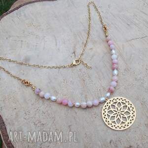 handmade naszyjniki róż opalu z perłą i złotem